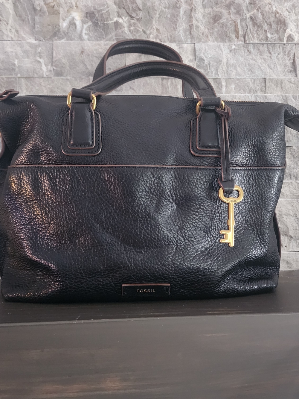 Fossil Black Leather Satchel with Key Charm